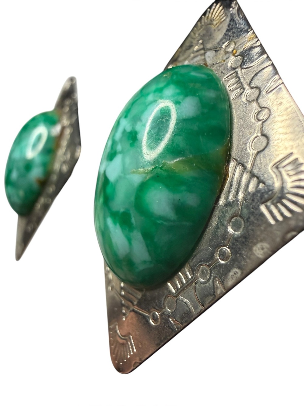 Vintage Southwestern Faux Jade Statement Clip Earrings Silver Tone Geometric - Picture 3 of 10